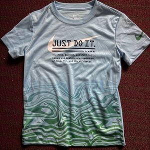 Nike Boys’ Dri-Fit “Just Do It” Tee – Blue & Green Performance Shirt (Size 5)